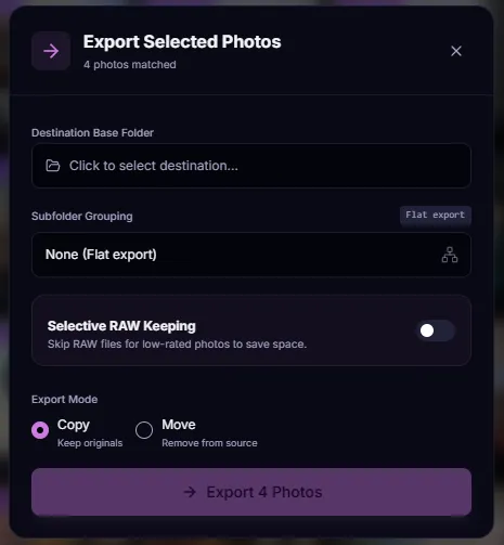 Batch Export dialog for routing filtered photo selections to dedicated project directories